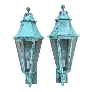 Pair of Large Solid Copper Architectural Wall Lantern For Sale