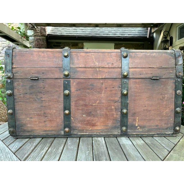Antique Wood and Iron-Bound Travel Trunk - Rustic Storage For Sale - Image 4 of 11