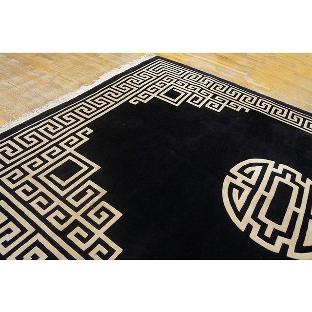 Glamorous Black Ground Color With White Color Greek Key Pattern Vintage Chinese Art Deco Rug For Sale - Image 4 of 11
