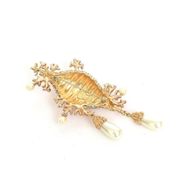 Metal Hutton Wilkinson Coral Enamel Faux Pearl, Rhinestone Gold Filled Brooch or Pin, 1980's For Sale - Image 7 of 10