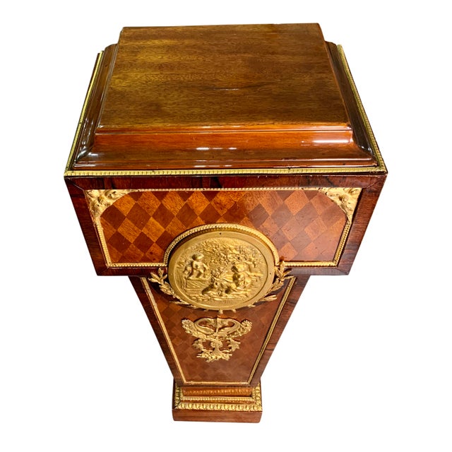 Pair of Antique French Louis XVI Ormolu-Mounted Marquetry Pedestals Late 19th Century Offered for sale is an elegant pair...