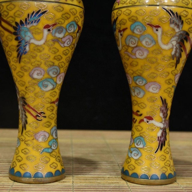 Chinese Cloisonné Vase Pair With Original Silk Box / Crane & Cloud Motif For Sale - Image 4 of 9