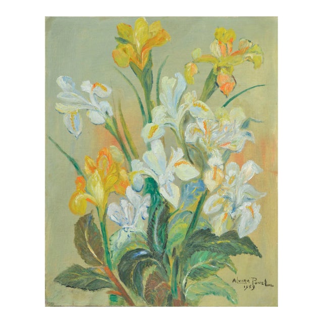 Mid Century Yellow and White Irises Floral Still Life by Alvira Powell For Sale