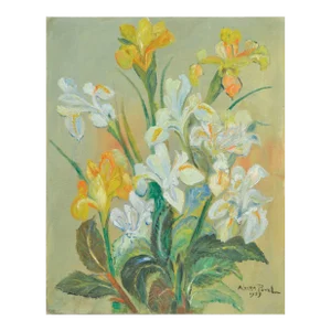 Mid Century Yellow and White Irises Floral Still Life by Alvira Powell