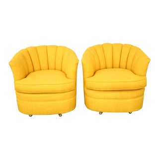Goldenrod Channel Back Swivel Chairs- A Pair For Sale