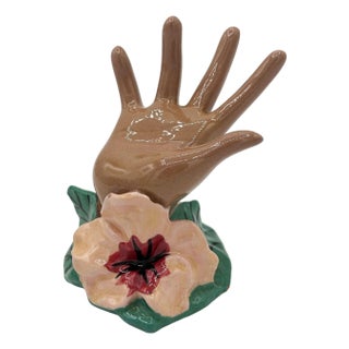 1940s California Pottery Figural Hand W/ Magnolia Flower Ring Holder by Clemensons For Sale