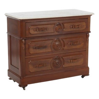 Antique Walnut 3-Drawer Marble Top Chest With Carved Medallions & Pulls C1890 For Sale