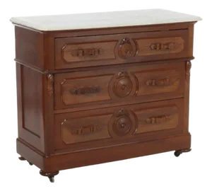 Antique Walnut 3-Drawer Marble Top Chest With Carved Medallions & Pulls C1890