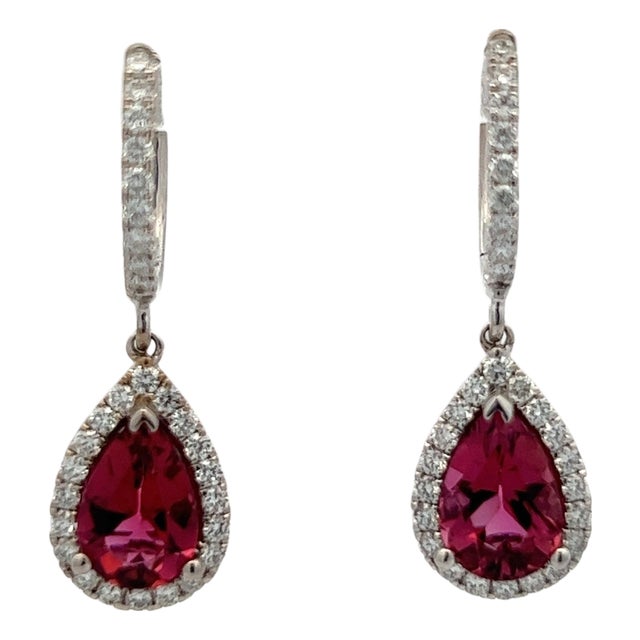 Diamond Rubellite Tourmaline Drop Earrings 18k W Gold 2.93 TCW Certified For Sale