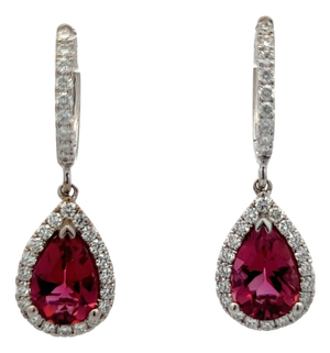 Diamond Rubellite Tourmaline Drop Earrings 18k W Gold 2.93 TCW Certified