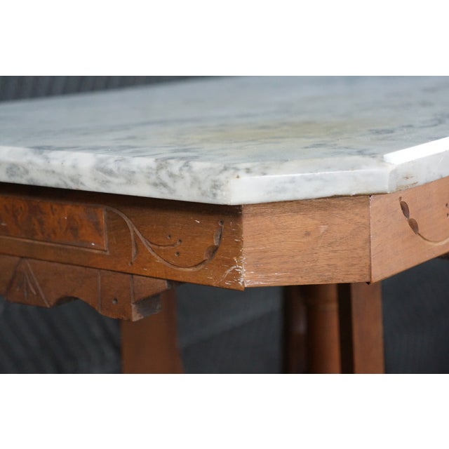 Antique Victorian Eastlake Walnut Carved Marble Top Parlor End Side Table 26" For Sale - Image 11 of 17