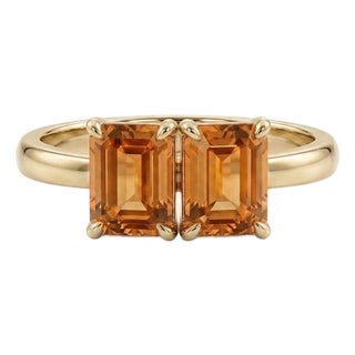 Two-Stone Citrine Ring • Emerald Cut Yellow Gemstone Ring in Gold • Unique Double Gemstone Cocktail Ring Us 7 For Sale