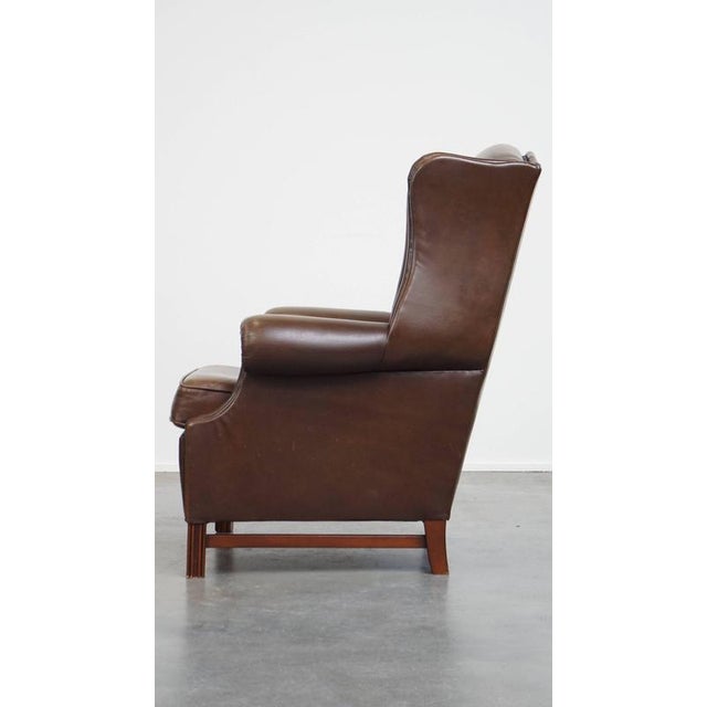Large English Dark Brown Smooth Cow Leather Chesterfield Wing Chair For Sale - Image 5 of 14