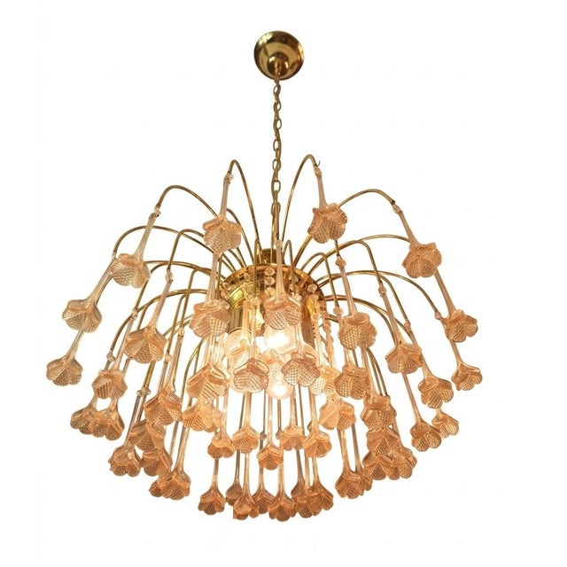 Vintage Gold Rain Chandelier with Handmade Murano Glass Pink Flowers, Italy, 1960 For Sale - Image 6 of 16