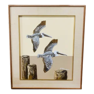 Frank Walcutt a of Pair Pelican Oil on Canvas Painting, Signed Circa 1970s