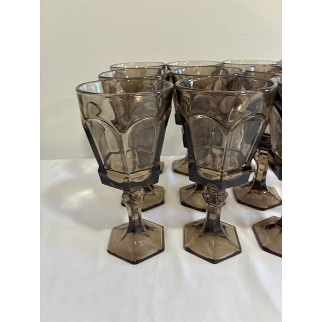 Mid-Century Modern Vintage Fostoria Smoke Glass Goblets, Octagonal Paneled Design - Set of 12 For Sale - Image 3 of 9