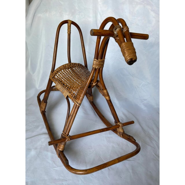 Wood Vintage Rattan Caned Seat Rocking Horse For Sale - Image 7 of 7