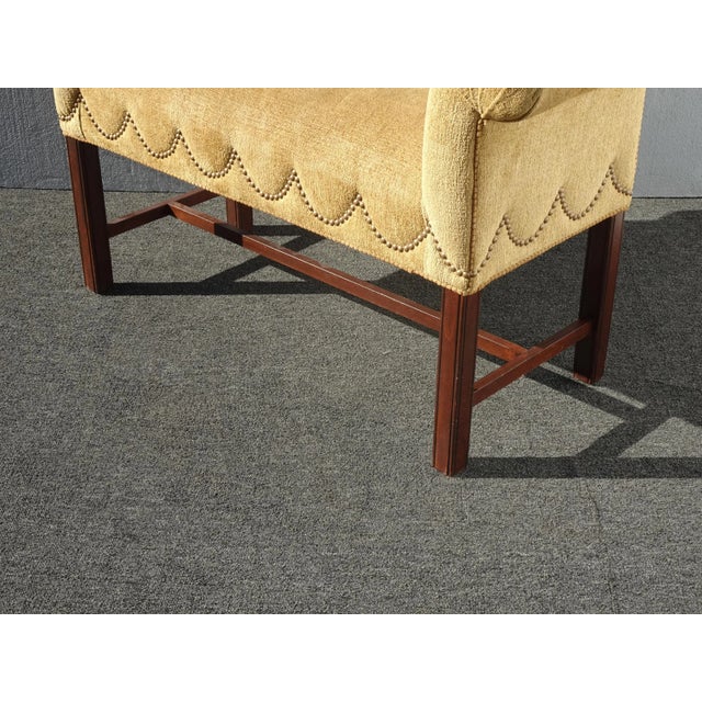 Vintage Ethan Allen Rolled Arm Bench W Gold Velvet Fabric & Decorative Nails For Sale - Image 12 of 12