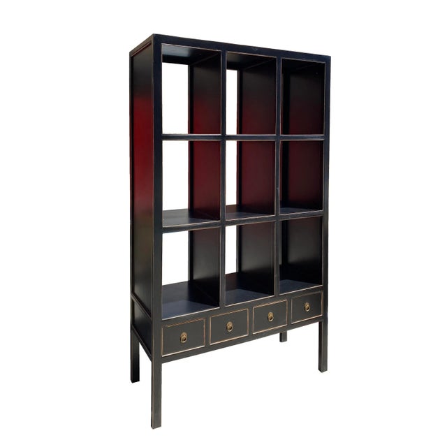 2020s Oriental Black Lacquer Open Shelf Bookcase Display Cabinet Divider For Sale - Image 5 of 6