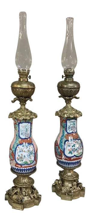 19th Century Hand-Painted Porcelain & Bronze Oil Lanterns - a Pair