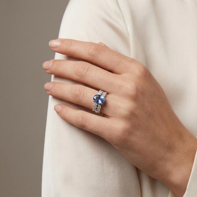 Modern Platinum 3.40 Carat Weight Natural Sapphire & 0.98 CTW Marquise Diamond Ring, Size 4.5 For Sale - Image 3 of 10