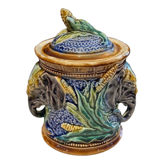 Antique Onnaing Majolica Tobacco Jar- Elephant Motif For Sale