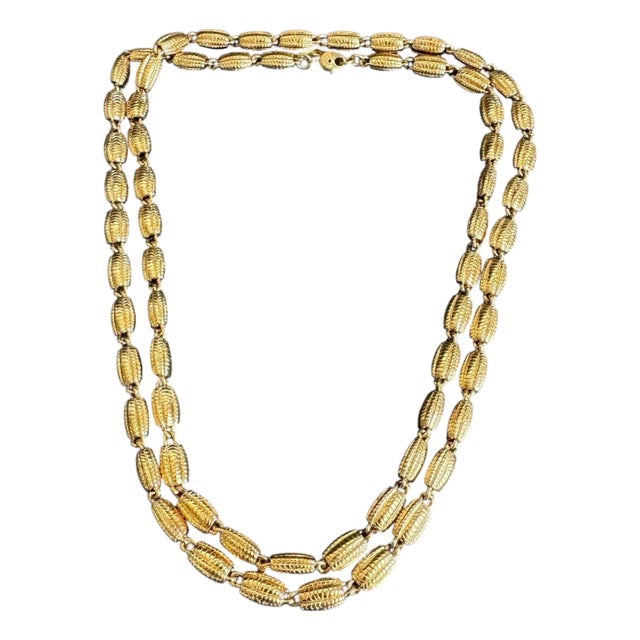 Vintage 1980s Monet Gold Necklace Statement Textured Bead Link Chunky Maximalist 36" Long For Sale