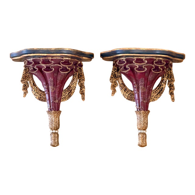 Red Chinoiserie Decorated Wall Shelves Hand Painted With Leopard Swags and Gold Accents For Sale