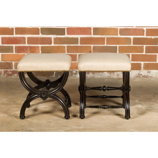 Wood Viennese 1900s Black Stools with X-Form Bases and Custom Upholstery, a Pair For Sale - Image 7 of 12