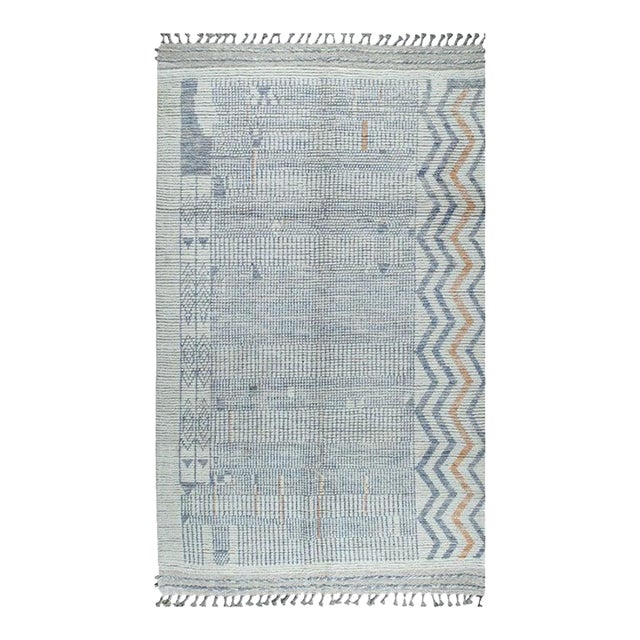 5x9 Ivory Hand-Knotted Wool Chevron Detailed Edge Tribal Modern Carpet Rug For Sale