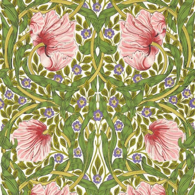 Morris & Co Pimpernel Wallpaper in Sap Green/Strawberry - a Sample For Sale