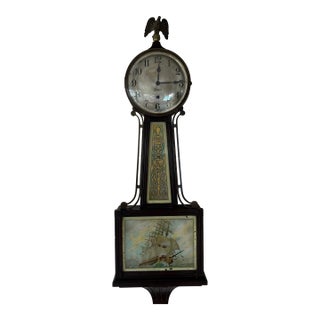 Antique Sessions “Banjo” Wall Clock, Eagle Finial Ship Scene For Sale