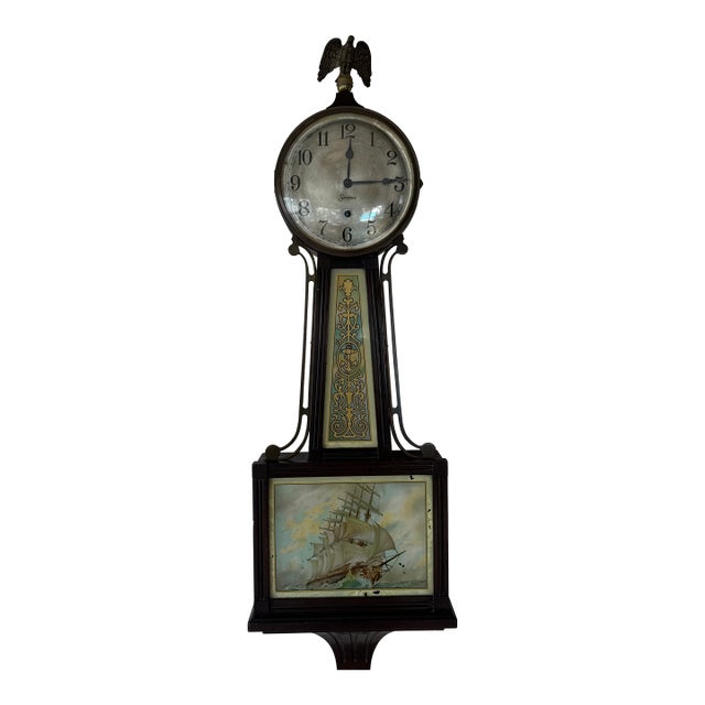 Antique Sessions “Banjo” Wall Clock, Eagle Finial Ship Scene For Sale