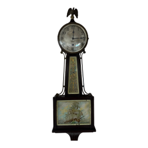 Antique Sessions “Banjo” Wall Clock, Eagle Finial Ship Scene