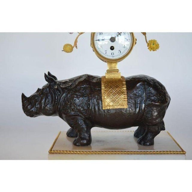 Late 19th Century Late 19th Century French Gilt Bronze & Patinated Rhino Clock on Marble Base For Sale - Image 5 of 7