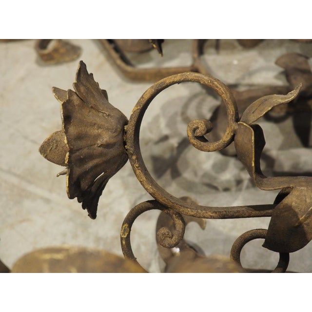 Set of Four Vintage French 3-Arm Iron and Tole Sconces, Distressed Gilt Finish For Sale - Image 11 of 18