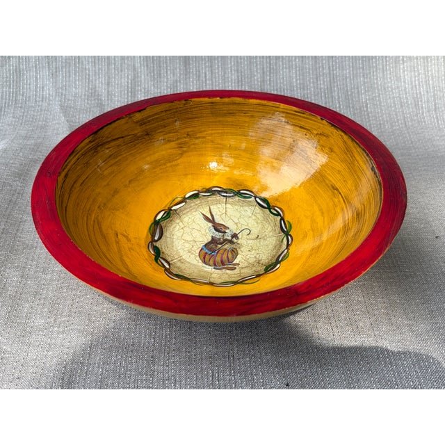 American Hand Painted Decoupage Wooden Rabbit Bowl Paul Munro For Sale - Image 3 of 9