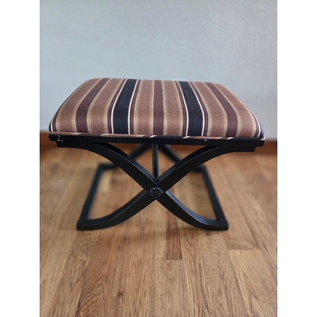 Port 68 Rare Vintage Port 68 Ebonized Wood X-Leg Neoclassical Alex Stool With Striped Upholstery For Sale - Image 4 of 6