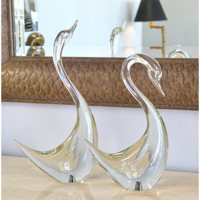 Set of 2 Transparent Seguso Murano Art Glass Swan Figurine Arte Vetro Italy, 1970s. Both have the original Foil Label,...