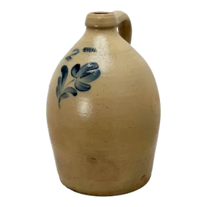 Excellent Antique Mid 19th Century American Lyons New York Blue Flower Decorated 2 Gallon Stoneware Spirits Jug