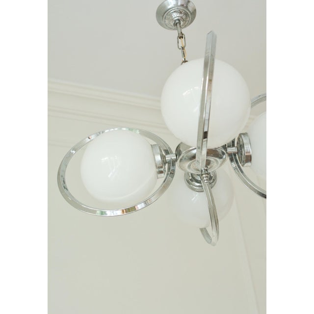 Vintage Chrome Opaline Glass Globe Chandelier, 1970s, in Very Good conditions. Designed 1970 to 1979 Up to 250V (Europe/UK...