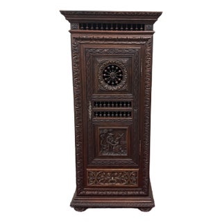 Antique French Breton Armoire Wardrobe Linen Cabinet Drawer Carved Chestnut 19th For Sale