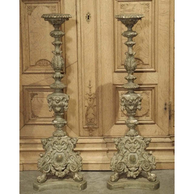 Pair of Antique 18th Century Parcel Paint and Gilt Wood Candlesticks 40 Inches For Sale - Image 12 of 12
