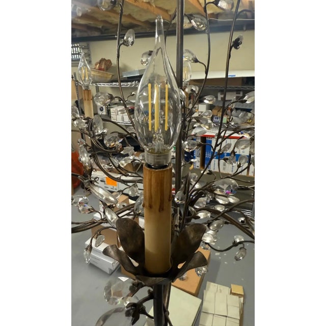 Mid 20th Century French Pair of Wrought Iron and Crystal Branch Chandeliers For Sale - Image 5 of 10