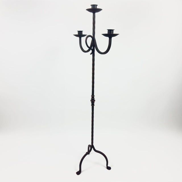 Metal Hand Forged Iron Floor Candelabra 48″ (122cm) Antique Copper Patina 3-Arm Loop Design Classic Candle Holder Rustic Decor For Sale - Image 7 of 7