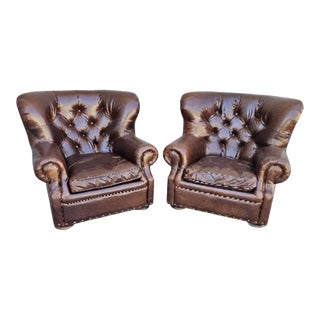 Restoration Hardware Churchill Lounge Chairs in Cigar Brown Leather- Set of 2 For Sale