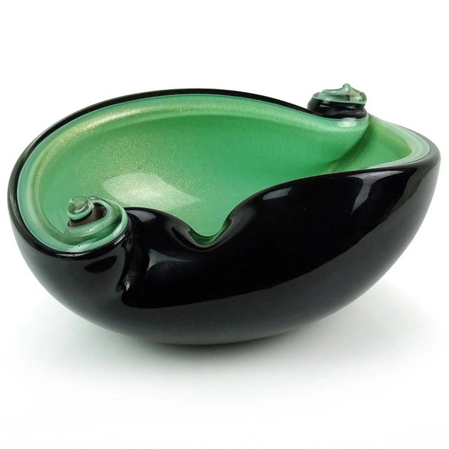 Beautiful vintage Murano hand blown black over green and gold flecks Italian art glass scroll shell design bowl, ashtray....