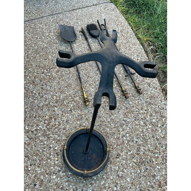 Transitional Vintage Pilgrim Black Iron & Solid Brass Fireplace Tool Set For Sale - Image 3 of 9