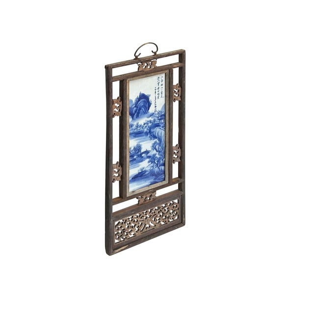 Chinese Vintage Chinese Wood Frame Porcelain Scenery Plaque Panel For Sale - Image 3 of 10