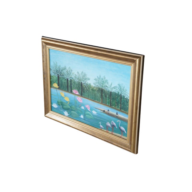 Expressionism Late 20th Century The Flamingoes After Henri Rousseau Tropical Oil Riverscape Painting Framed For Sale - Image 3 of 12